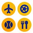 An illustration of an airplane, star, baseball, spoon and fork inside circles.